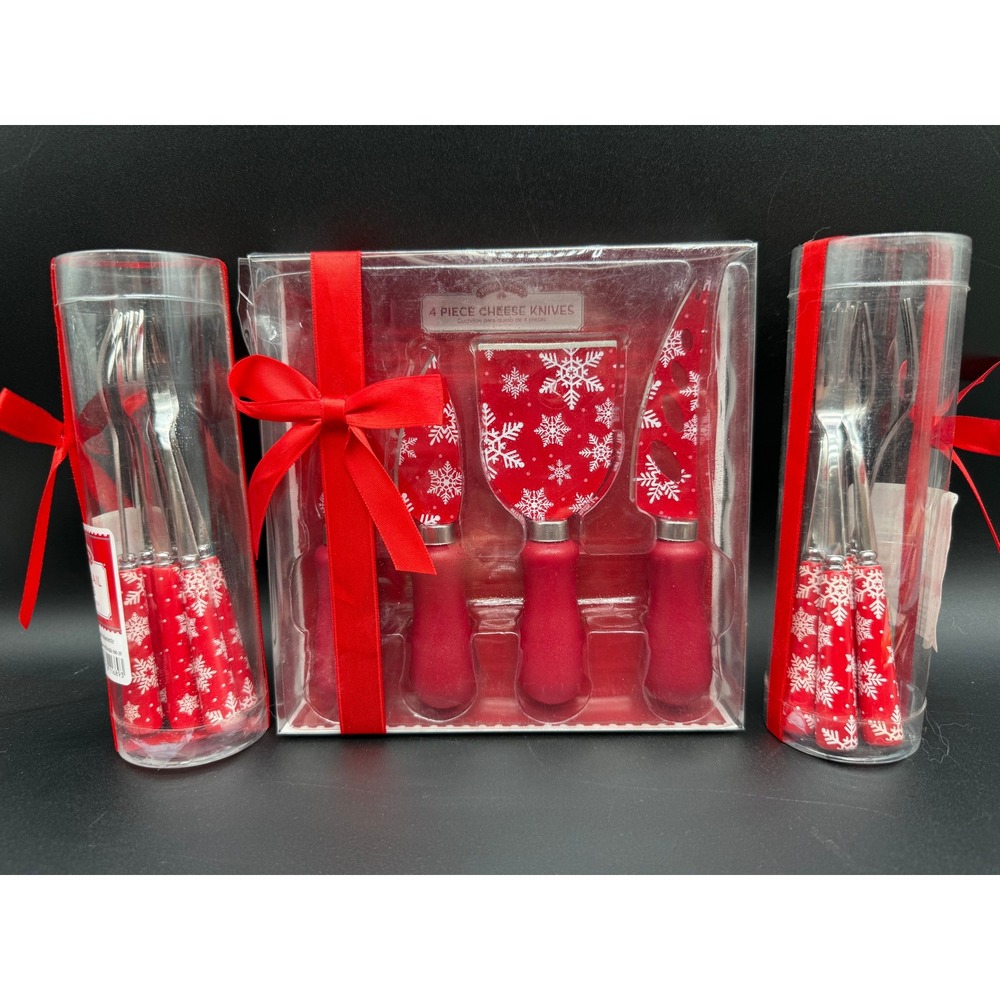 Holiday Snowflake Cheese Knife and‎ Cocktail Fork Set Red Handles 16pc New